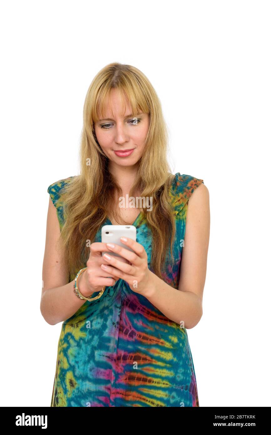 Blonde woman using phone hi-res stock photography and images - Alamy