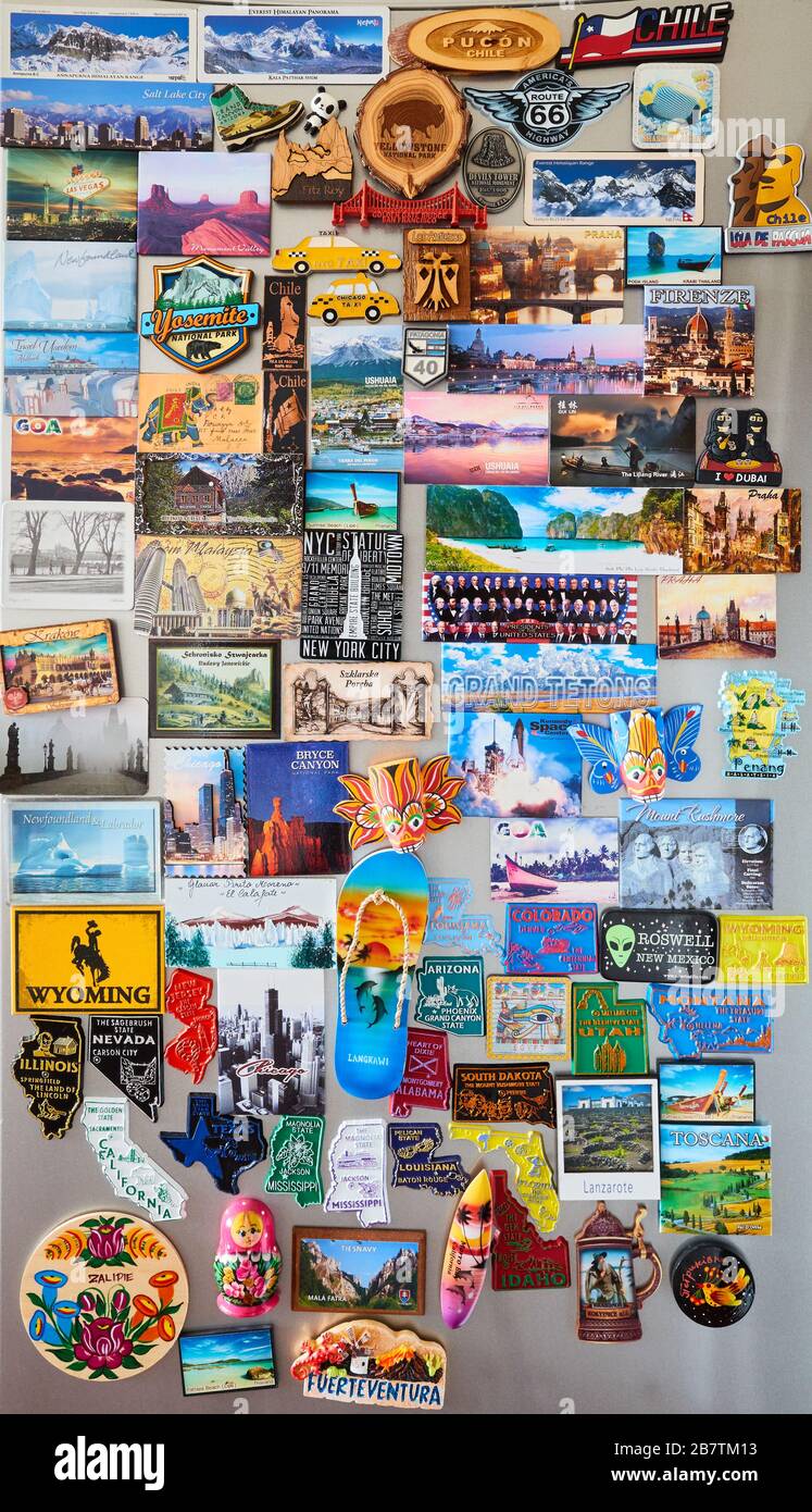 Szczecin, Poland - March 18, 2020: Display of travel souvenir fridge magnets from all over the world. Stock Photo
