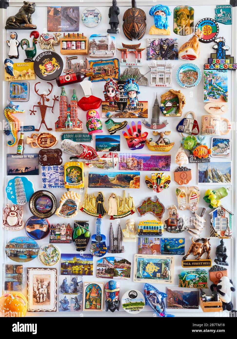 Szczecin, Poland - March 18, 2020: Display of travel souvenir fridge magnets from all over the world. Stock Photo