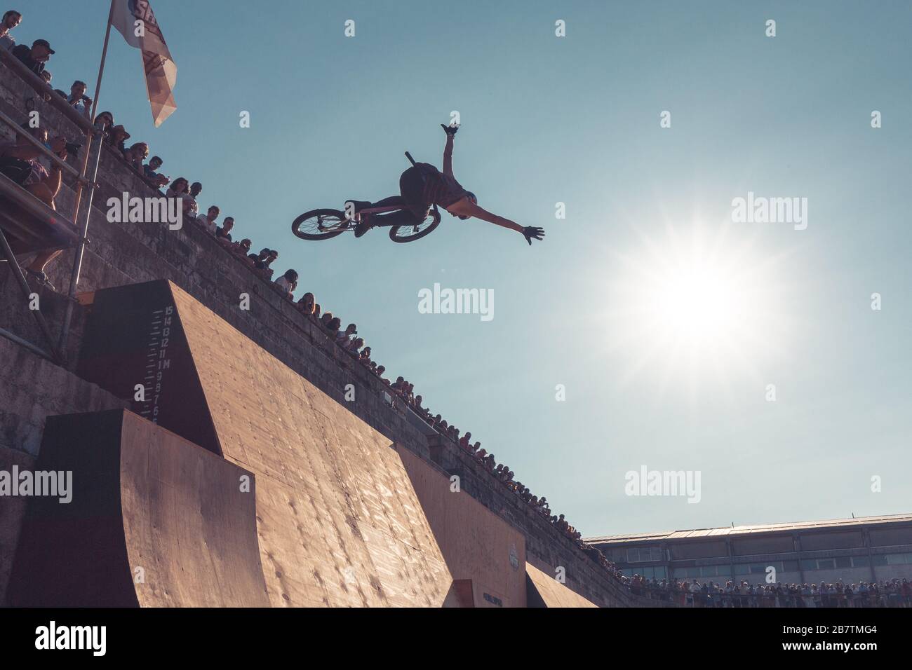 Santander 18 July, 2019: Daniel Wedeimejer  at Red Bull Shipyard Santander , bmx bikes competition. Stock Photo