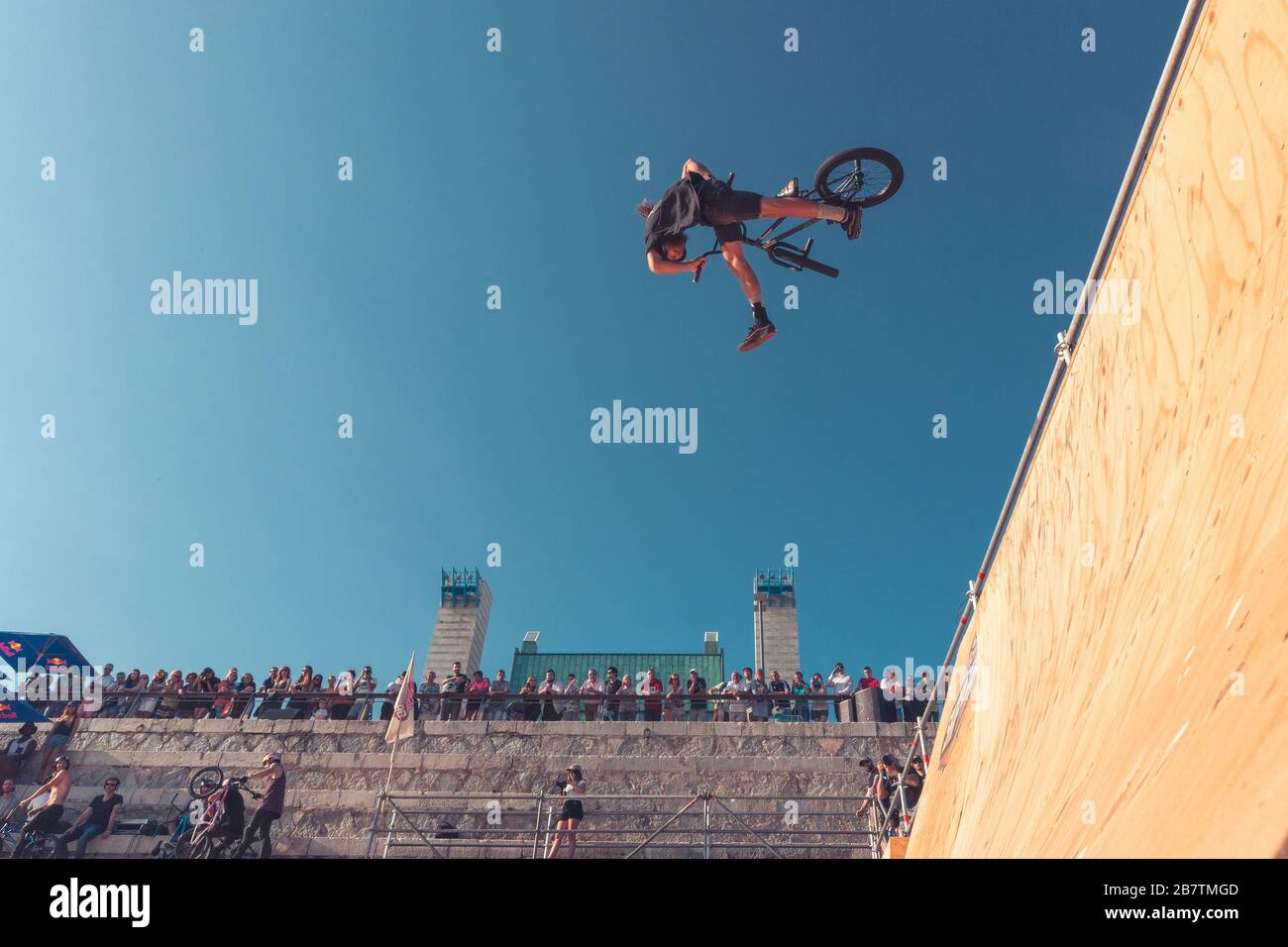 Santander 18 July, 2019: Matt Cordova at Red Bull Shipyard Santander , bmx bikes competition. Stock Photo