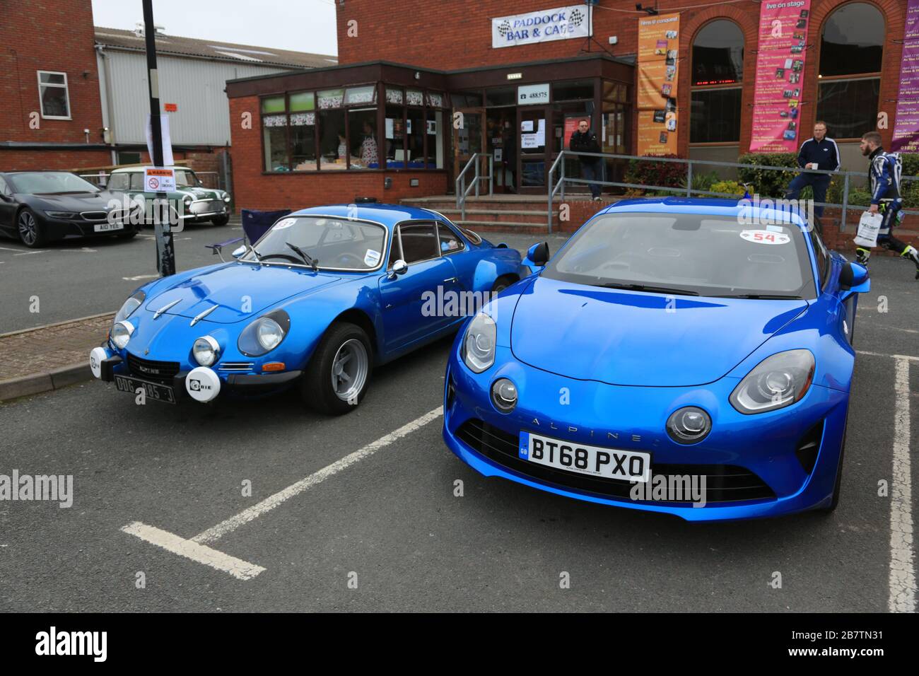 1970 Alpine Renault A110 parked next to the latest Alpine A110. Stock Photo