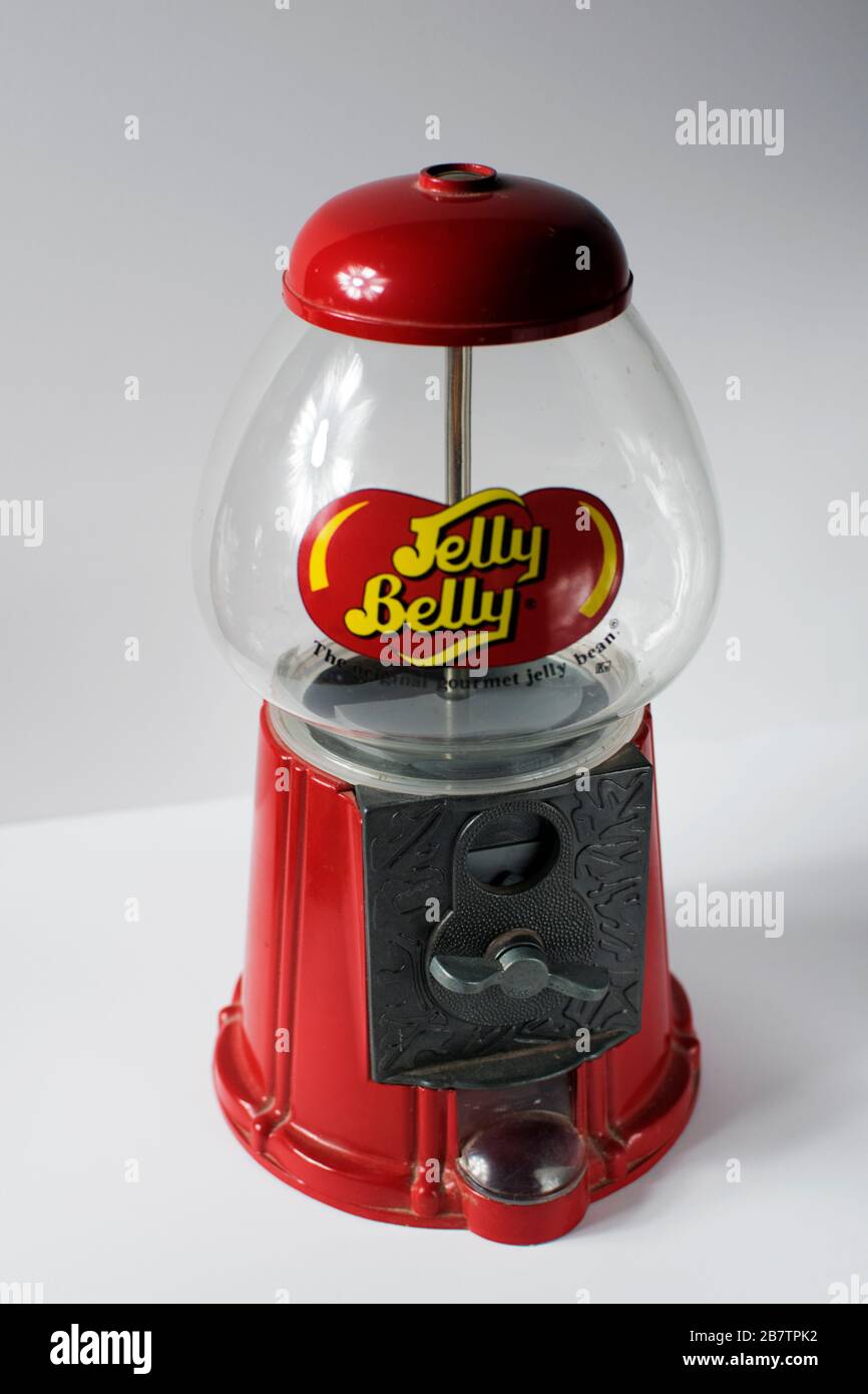 Jelly Belly Mini Jelly Bean Dispenser on White Background Stock Photo