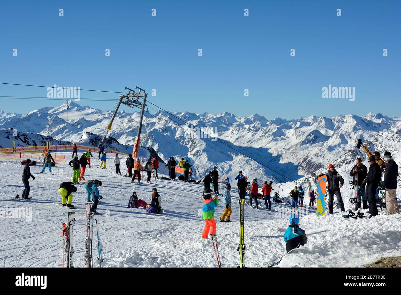 Stubai, Austria - December 20, 2015: Unidentified people enjoy winter sports area on Stubai glacier in Austrian Alps Stock Photo