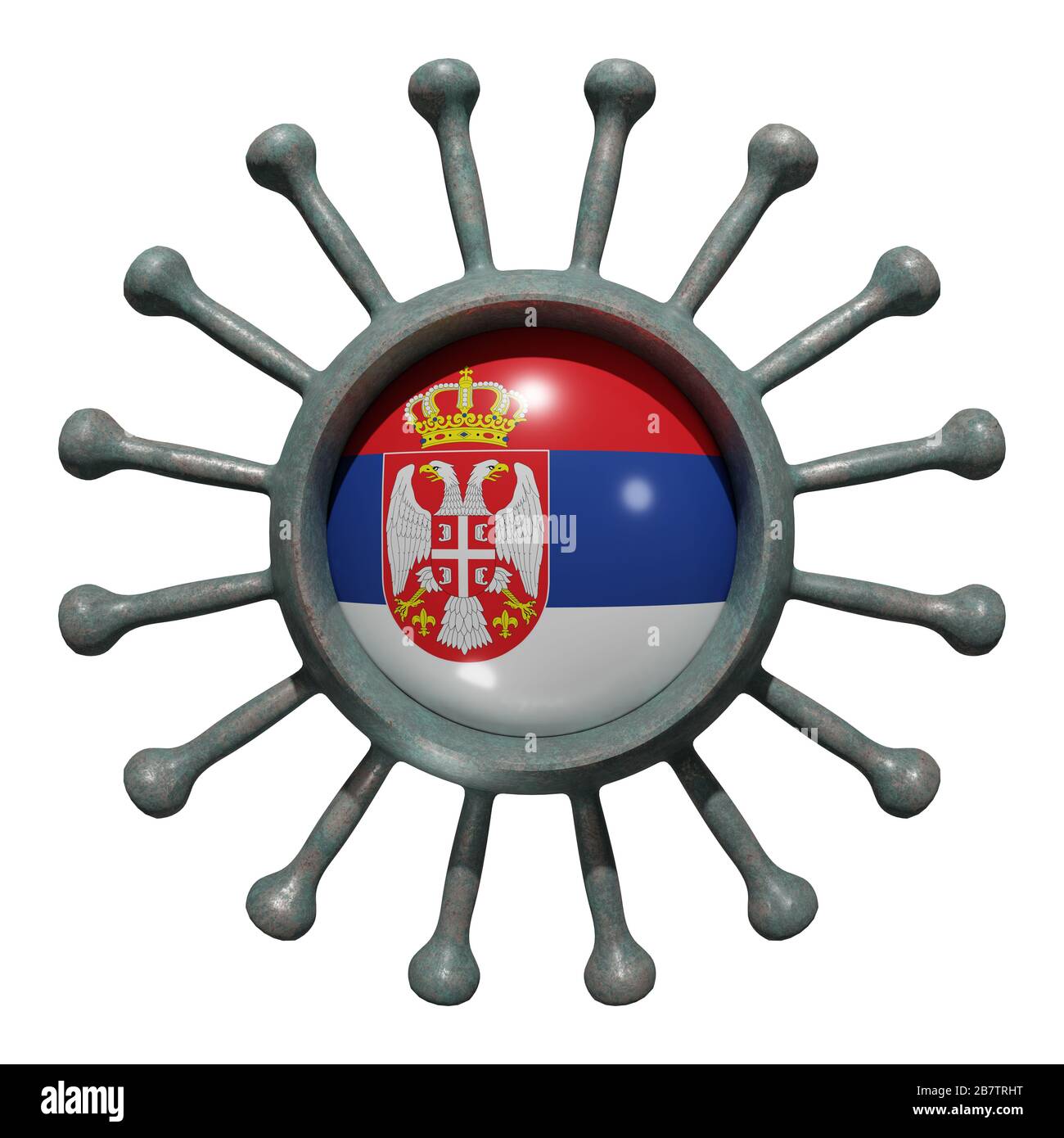 3d rendering of a national Serbia flag over a virus covid19. Concept of the fight of the countries vs pandemic. Isolated on white background Stock Photo