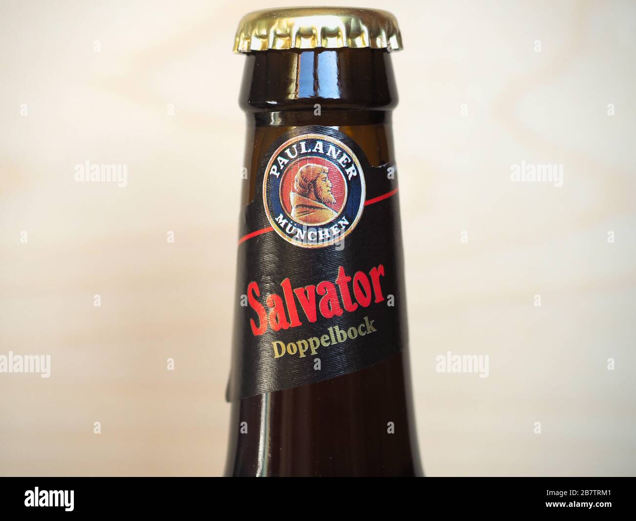 MUENCHEN, GERMANY - CIRCA MARCH 2020: Paulaner Salvator beer bottle ...