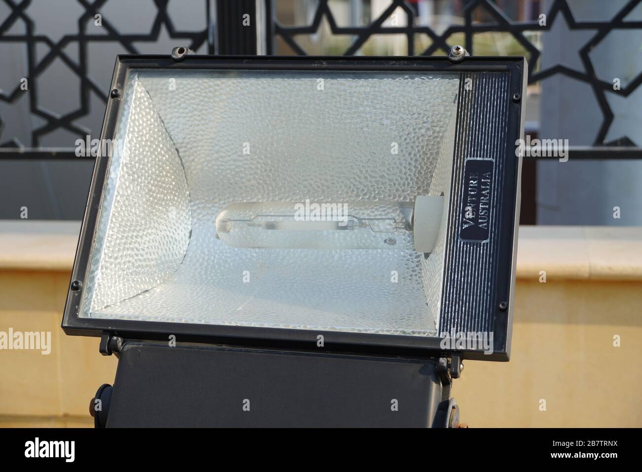 Dubai UAE November 2019 Close up outdoor LED lamp on the yard. Large
