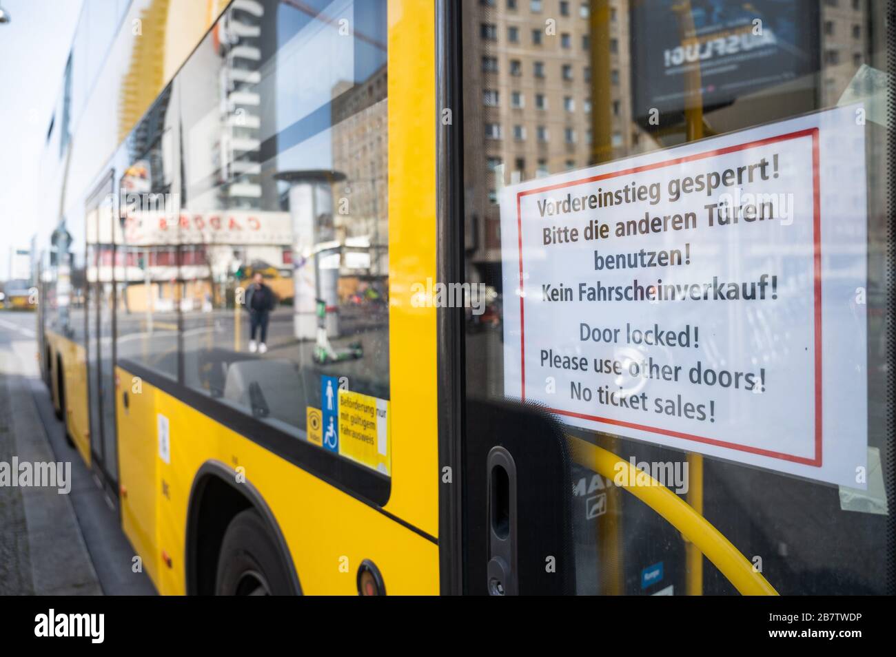 Berlin Germany 18th Mar On The Front Door Of A Bvg Bus There Is A Sign With The Inscription Front Entrance Blocked Please Use The Other Doors No Ticket Sales To