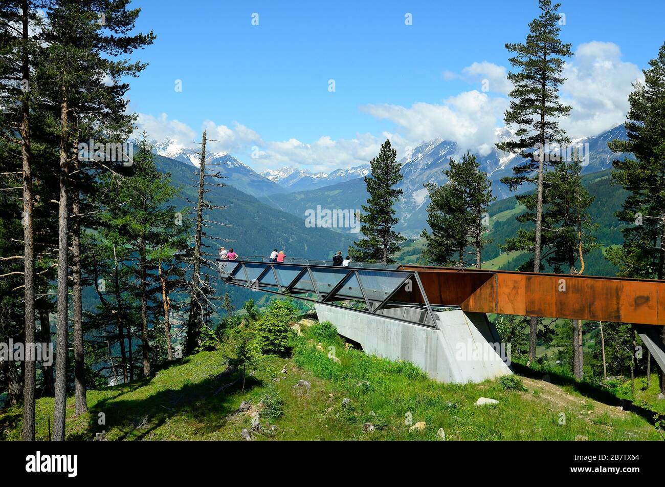 Kaunergrat, Tyrol - June 22, 2016: Unidenified people on viewing point named Gacher Blick with Austrian Alps Stock Photo
