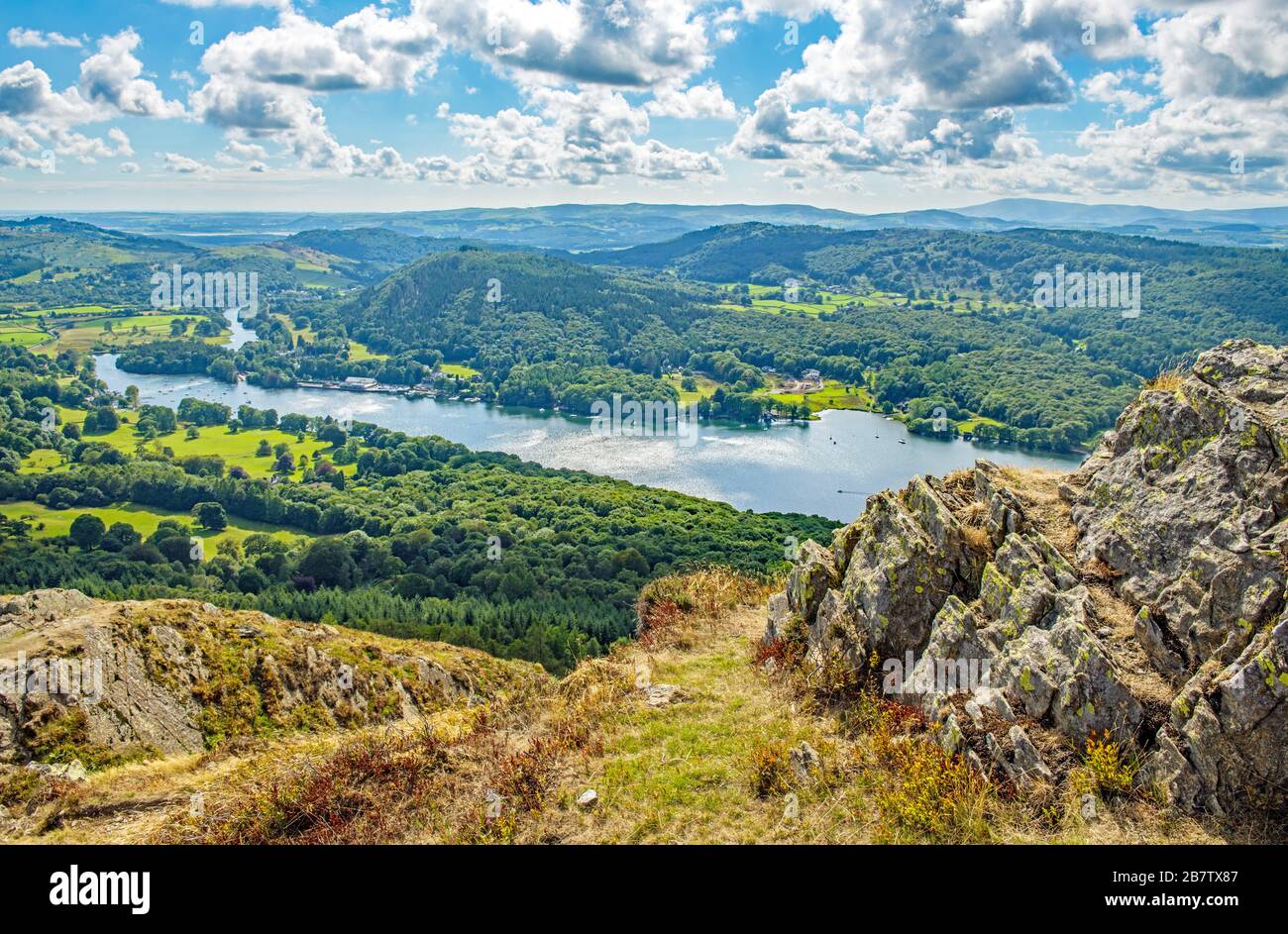 The view looking down onto Lake Windermere from the heights of Gummers How in the Lake District National Park. The walk to the top is quite steep. Stock Photo