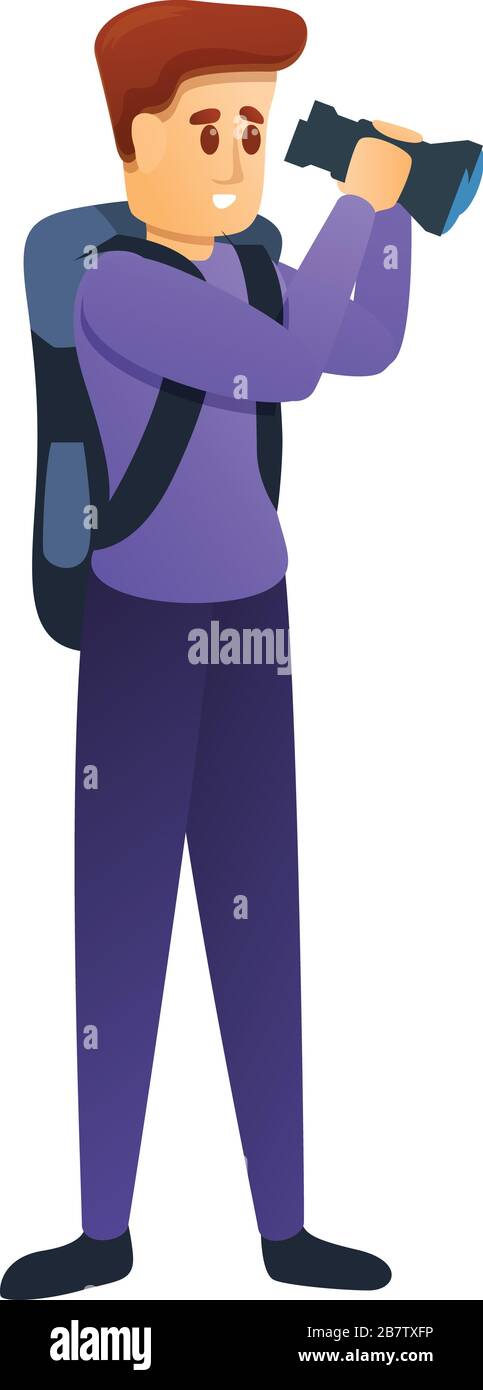 Tourist with binoculars icon. Cartoon of tourist with binoculars vector icon for web design isolated on white background Stock Vector