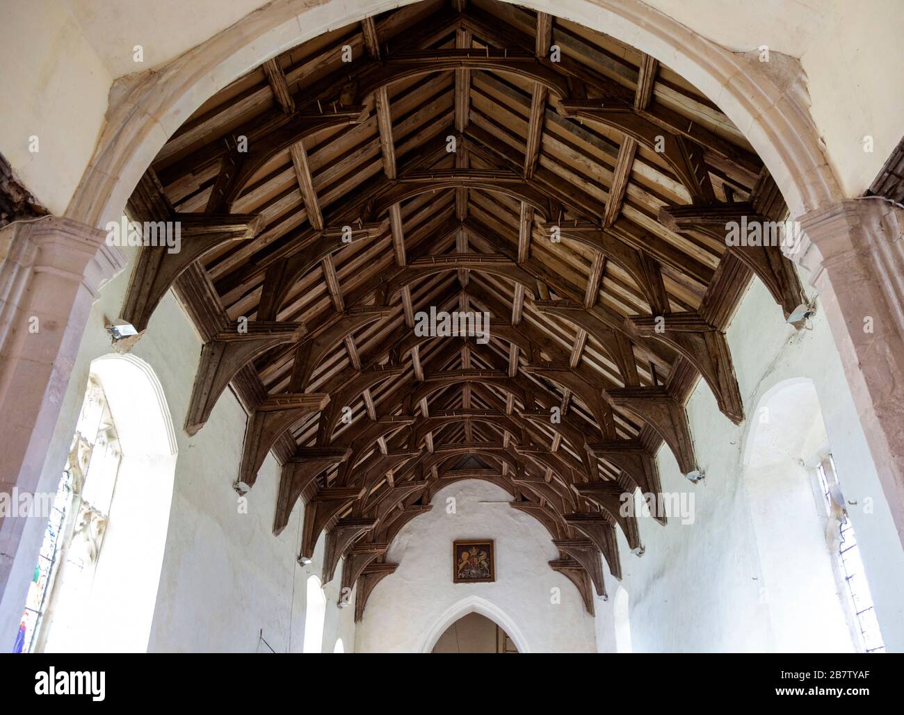 Historic interior of Bedingfield church, Suffolk, England, UK wooden