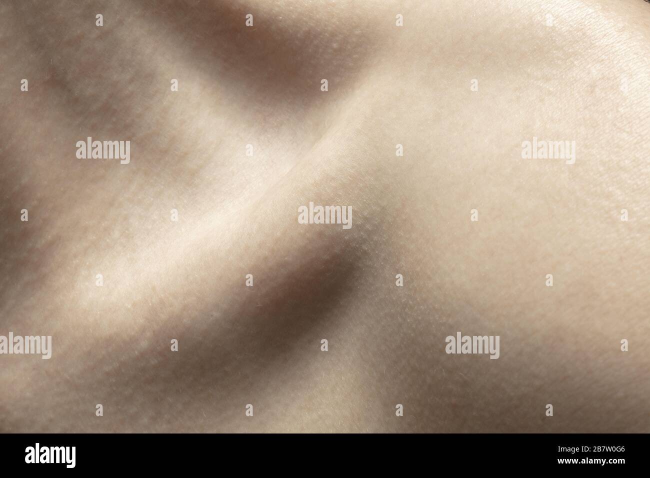 Collarbones. Detailed texture of human skin. Close up shot of young ...
