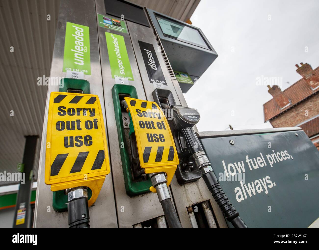 Empty fuel pumps at a petrol station in York as Coronavirus continues to affect the UK. The death toll from coronavirus in the UK has reached to 71 people. Stock Photo