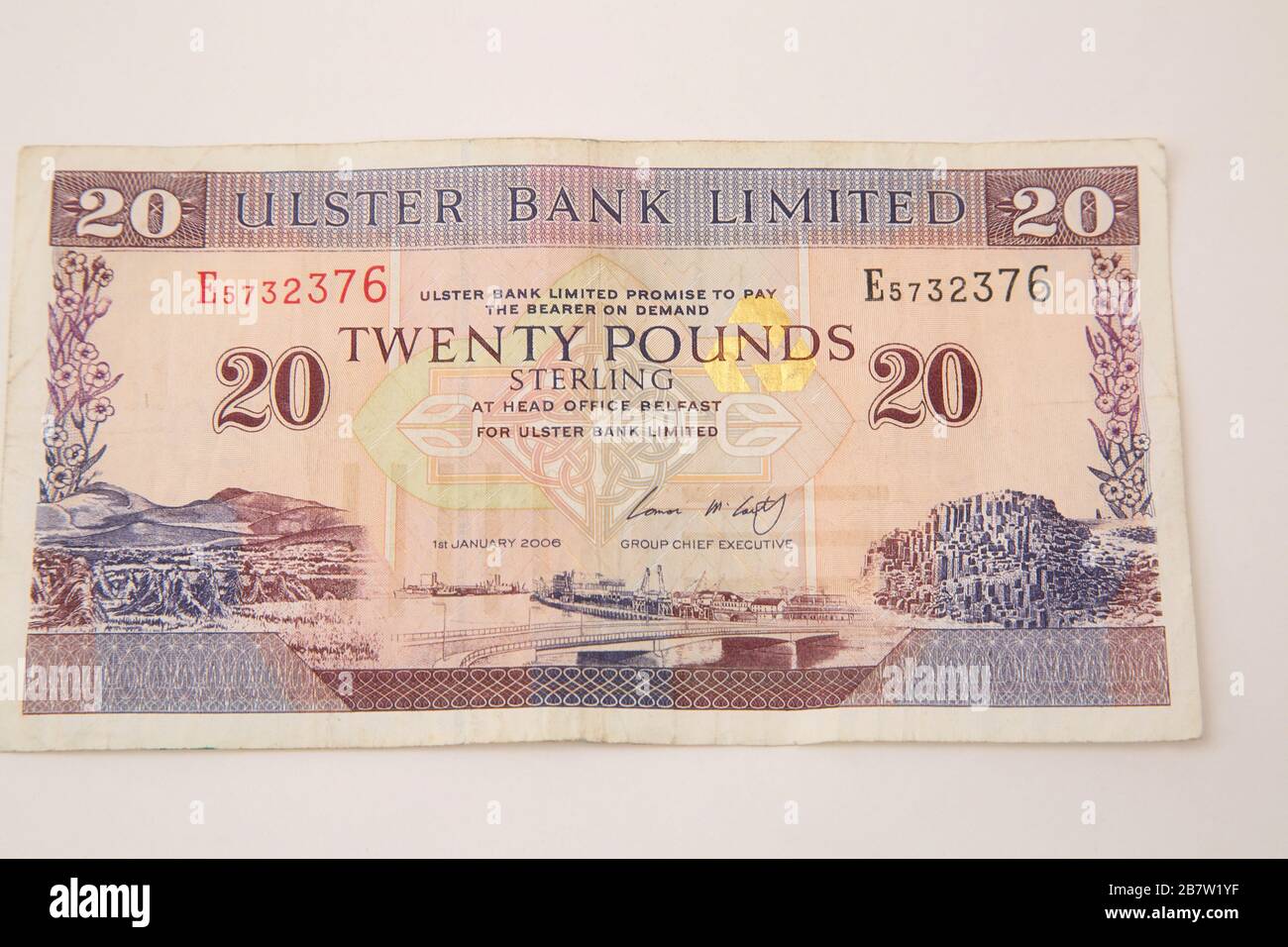 Northern Ireland Ulster Bank Limited Twenty Pound Note- View of Belfast Harbour on Obverse Stock Photo