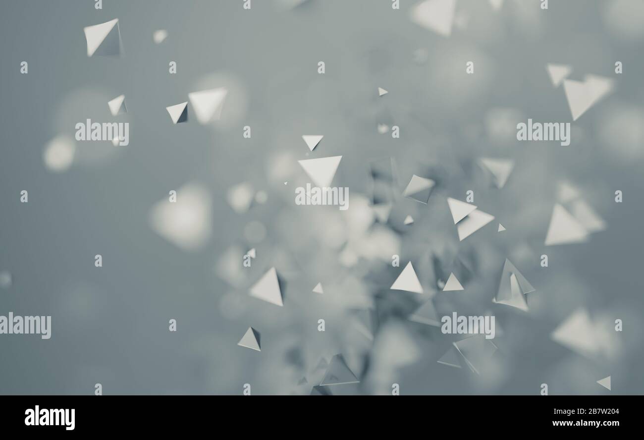 Abstract 3d rendering of chaotic low poly shapes. Flying polygonal pyramids in empty space. Futuristic background with bokeh effect. Poster design. Stock Photo