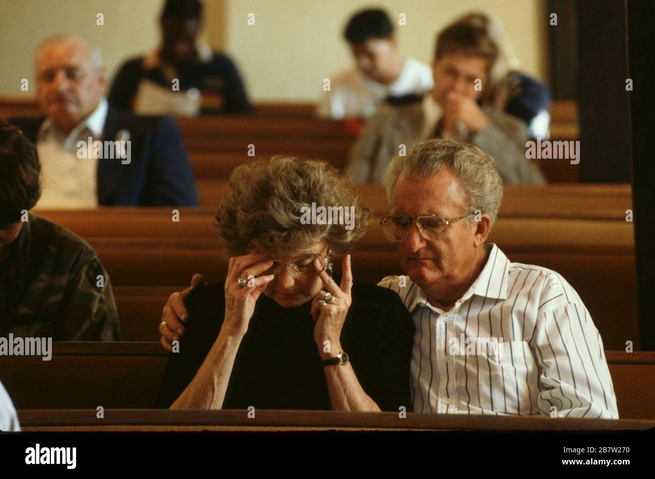 Killeen Texas USA, October 1991: Mourners attend memorial service for victims of a mass shooting at Luby's Cafeteria in Killeen. Stock Photo