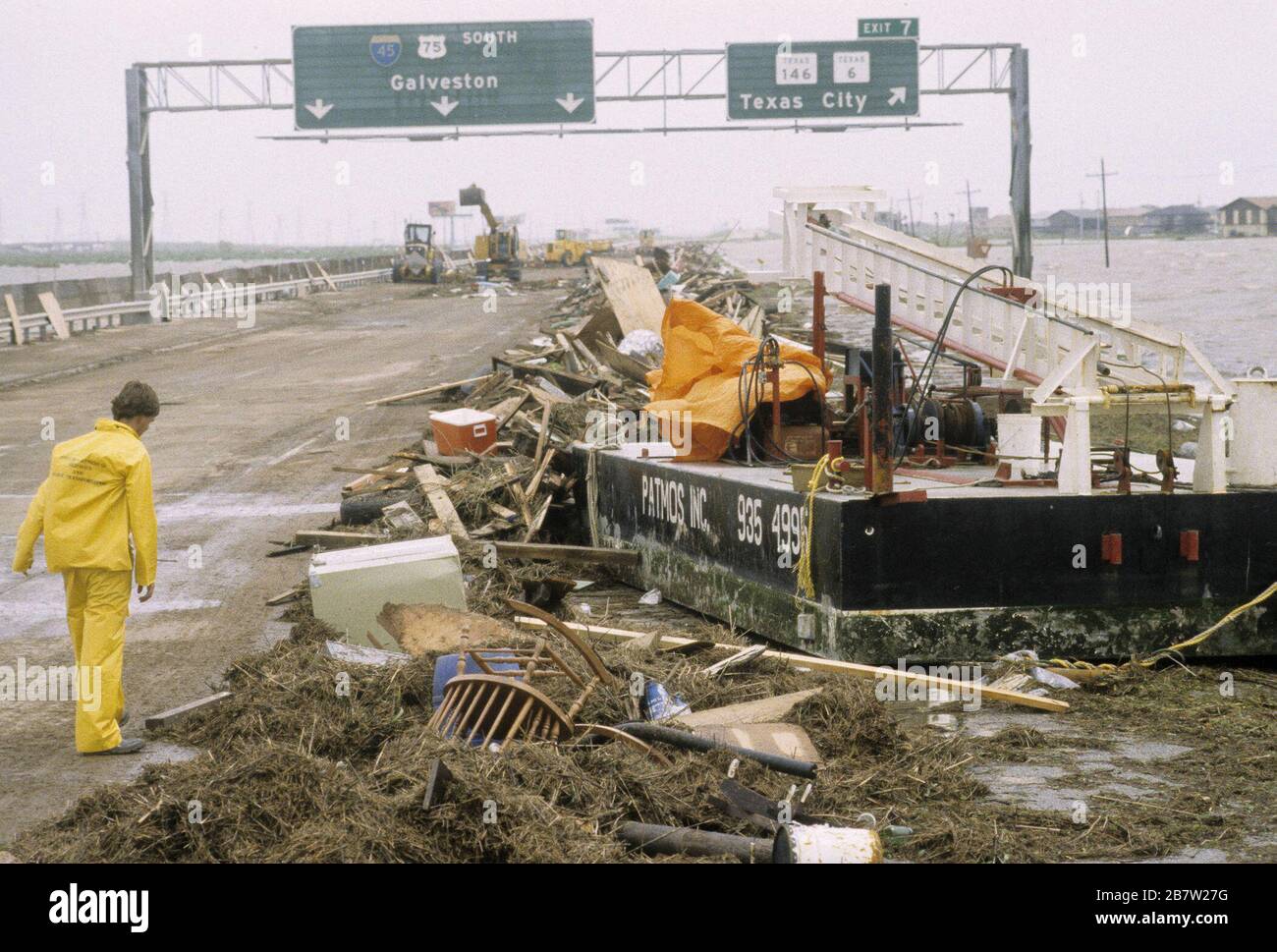 Galveston, Texas USA Hurricane winds and storm surge push barge onto