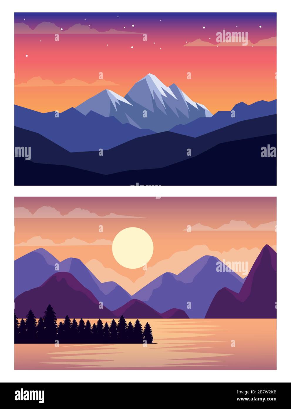 beautiful landscapes with mountains and lake scenes Stock Vector Image ...