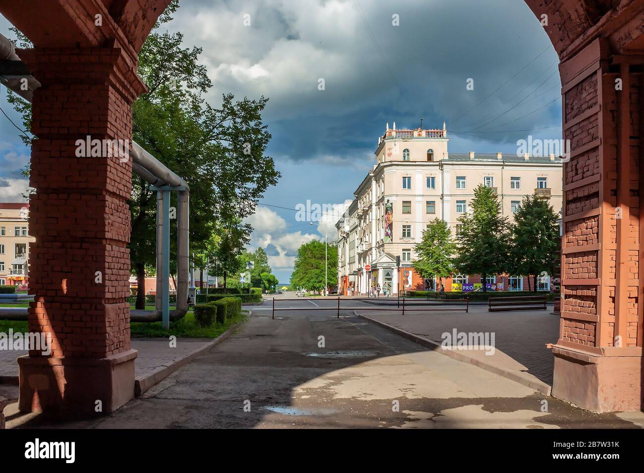 Kemerovo, view of Pushkin square and Ordzhonikidze street , cloudy summer day Stock Photo