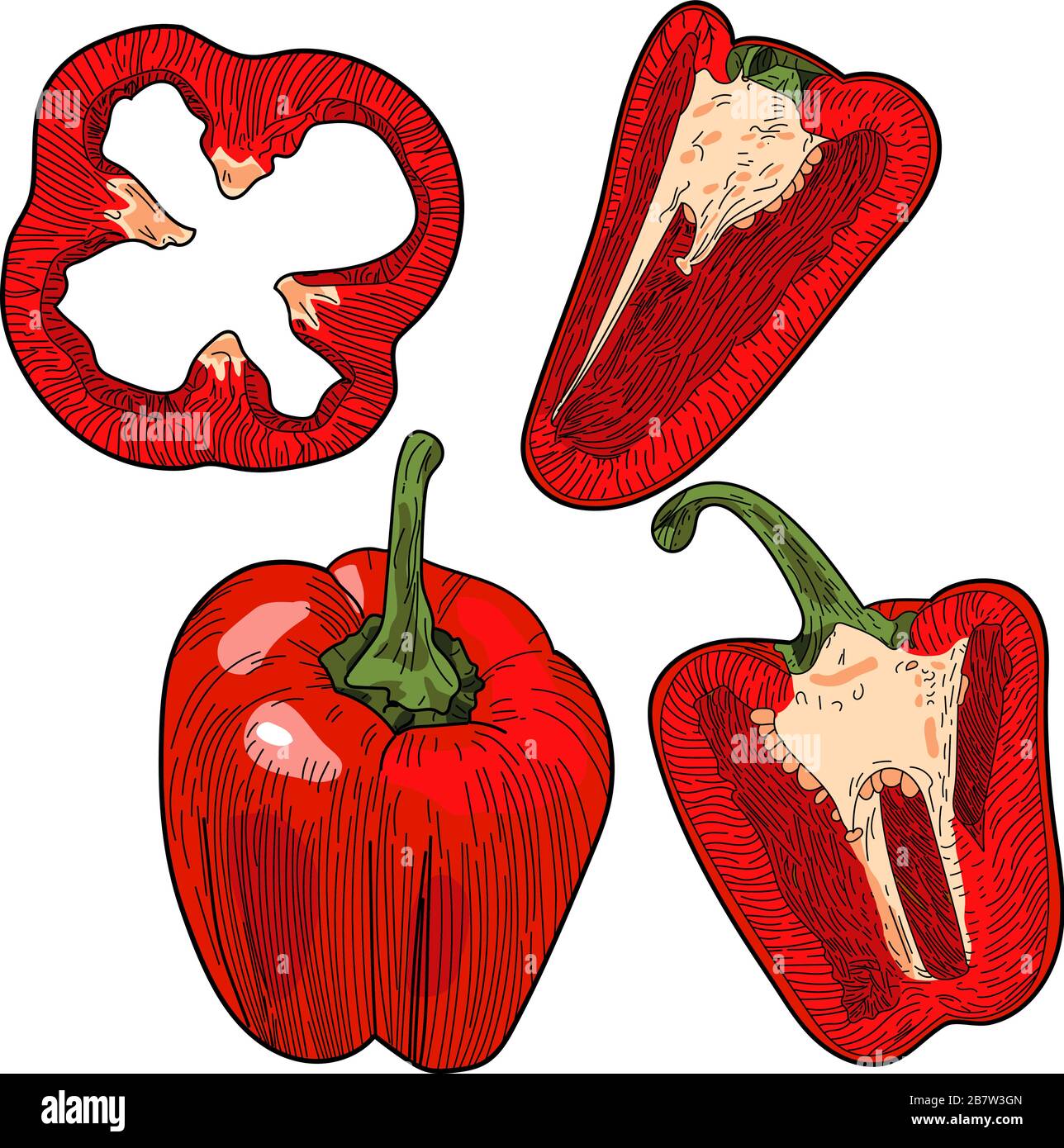 Whole red bell pepper with half isolated on white background Stock ...
