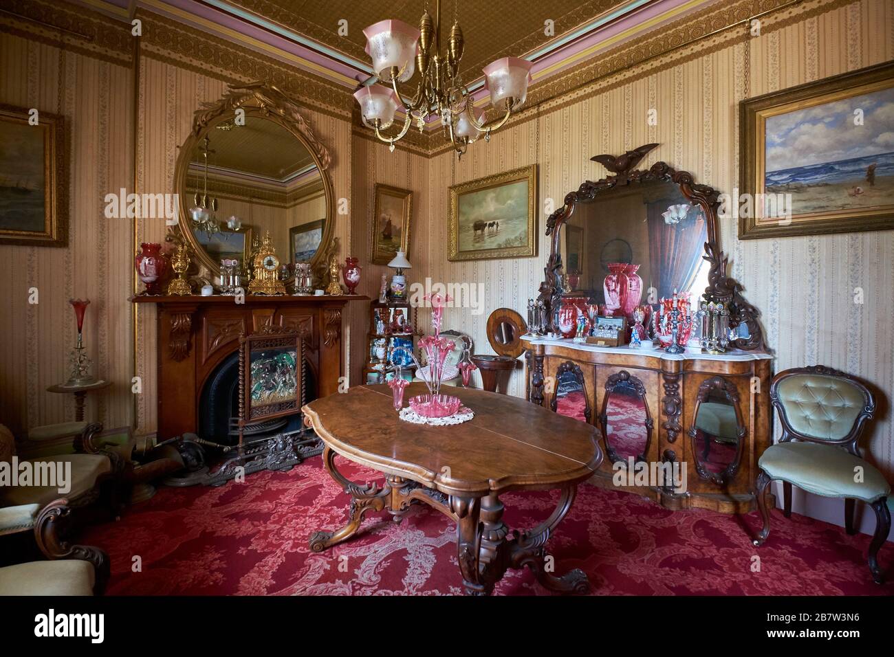 Interior drawing room at the Crawley mansion. At the Monte Cristo Colonial Homestead Museum in Junee, NSW, Australia. Stock Photo