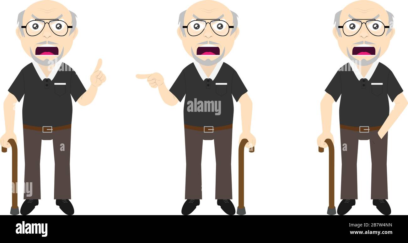 Set of a grumpy old man with a walking stick in three different poses: index up, pointing out and hand in the pocket. Stock Vector