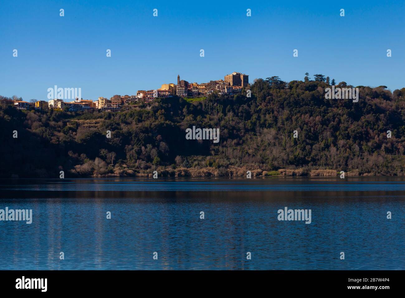 Genzano di Roma Village as seen from Nemi lake (Low angle view) Stock Photo