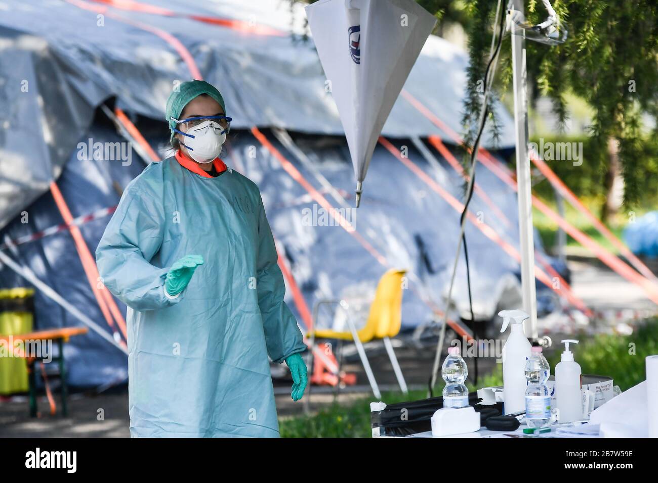 Italy, Lombardy region, Brescia, March 17, 2020 : Covid-19 virus epidemic. Coronavirus emergency. In the picture ceckpoint and triage point at Civile Stock Photo