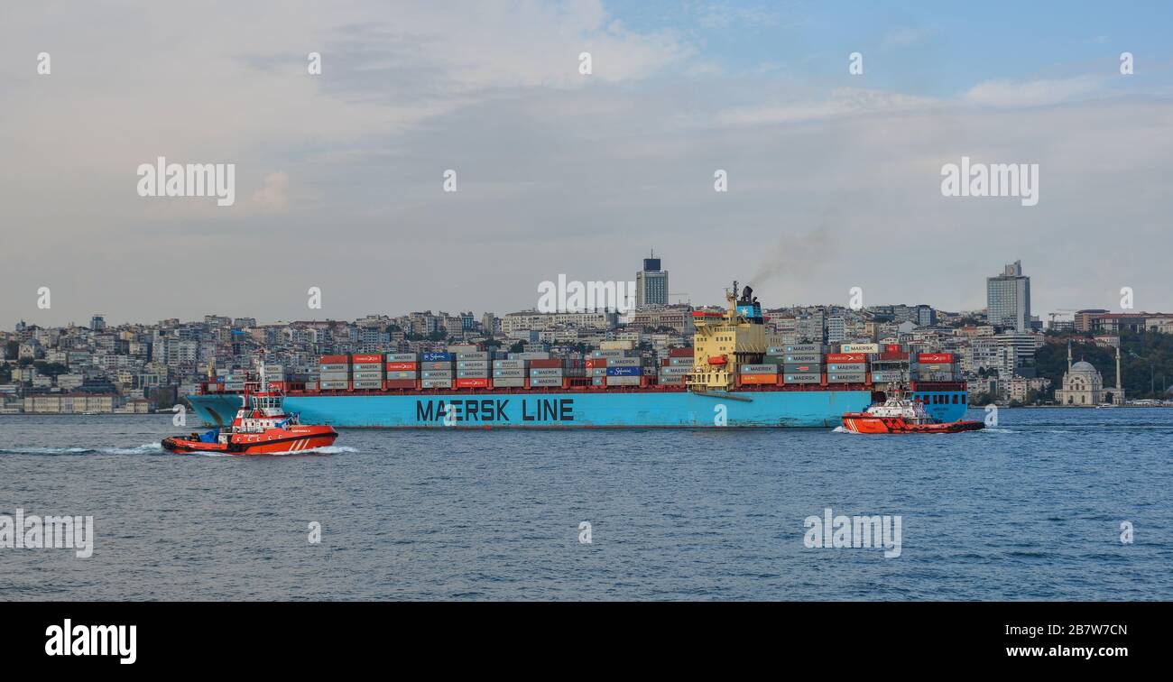Istanbul, Turkey - Sep 28, 2018. Maersk Line cargo ship on Bosphorus Strait in Istanbul, Turkey. Bosphorus strait separates the European part from the Stock Photo
