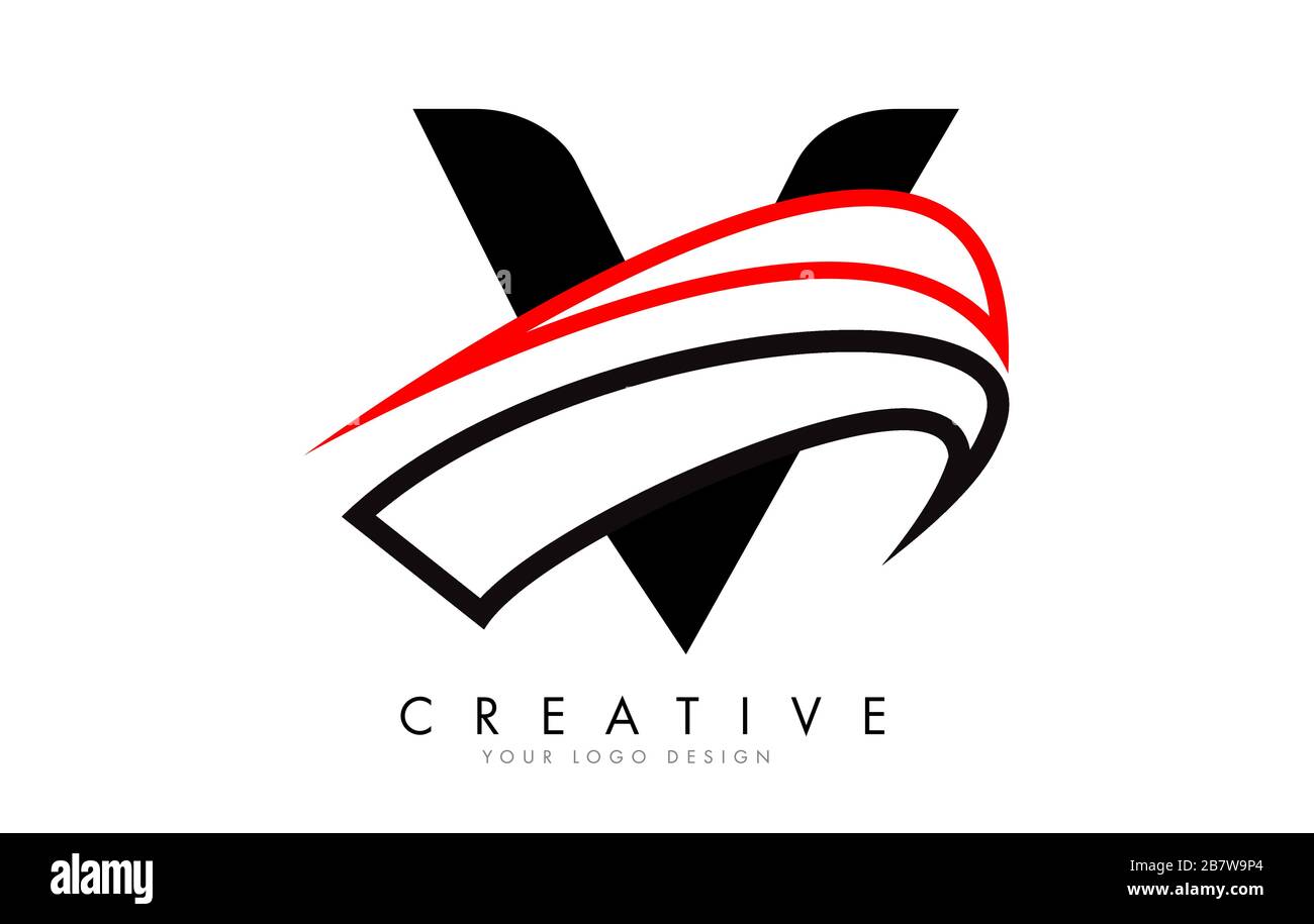 V letter logo with Black and Red Monogram Swashes Design Vector ...