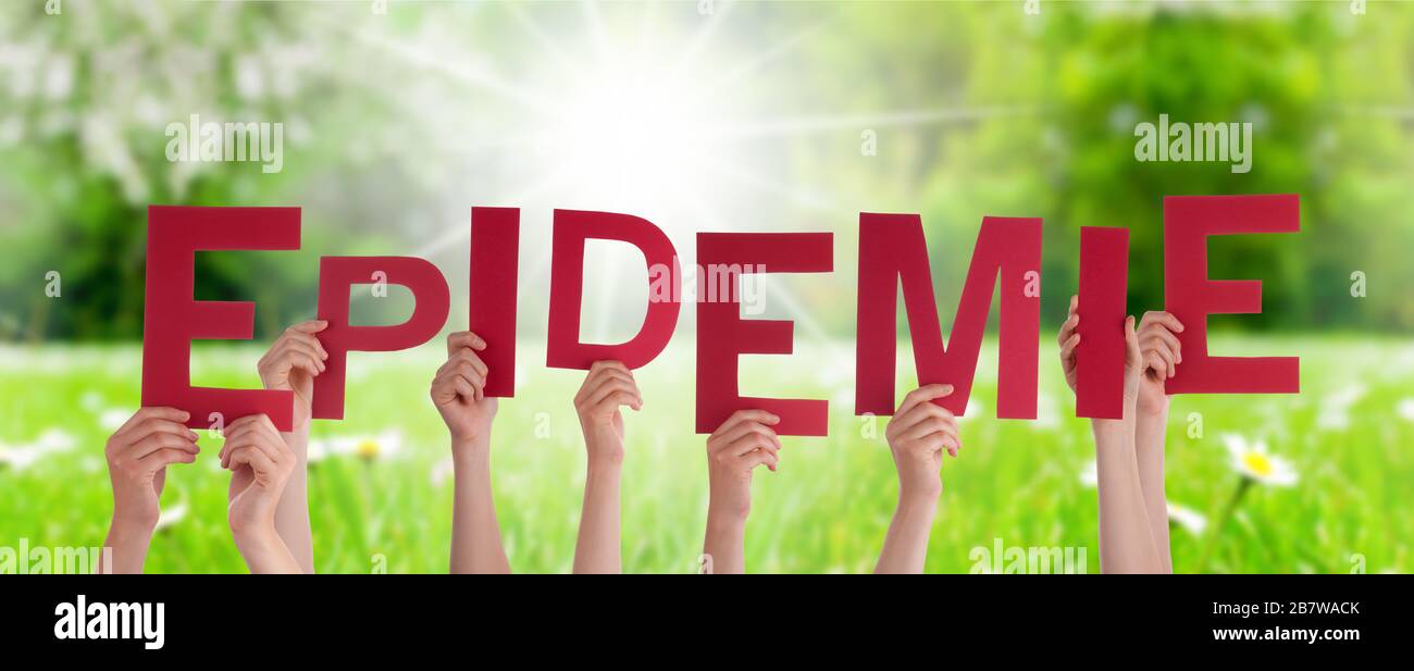 People Hands Holding Word Epidemie Means Epidemic, Grass Meadow Stock Photo