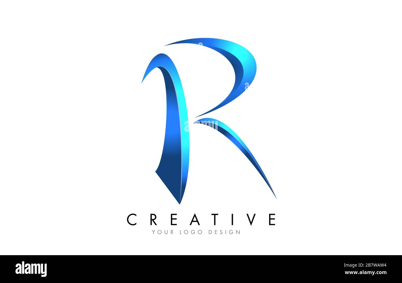 Creative R letter logo with Blue 3D bright Swashes. Blue Swoosh Icon