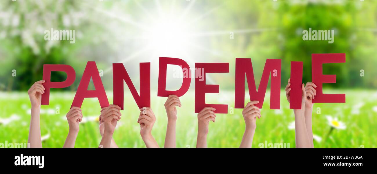 People Hands Holding Word Pandemie Means Pandemic, Grass Meadow Stock Photo