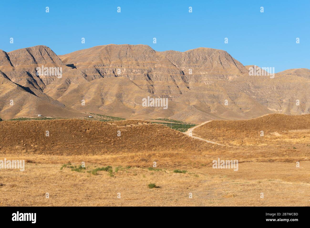 Turkmenistan topography with Kopet Dag mountain and dry soil. High mountains lookin towards Iran border. Beautiful landscape in Central Asia. Stock Photo