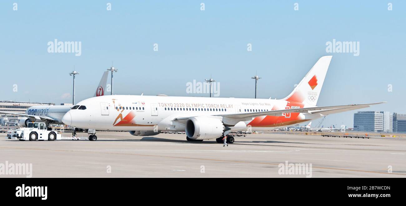 Tokyo, Japan. 18th Mar, 2020. Torch Relay Special aircraft 'Tokyo 2020 Go' is seen taxiing for departs to Greece at Tokyo international airport in Japan on Wednesday, March 18, 2020. The Tokyo 2020 Olympic Torch Relay Special Aircraft 'Tokyo 2020 Go' transport the Olympic Flame from Greece, will land back at the Japan Air Self-Defense Force Matsushima Base in Miyagi-Prefecture, Japan on March 20. Photo by Keizo Mori/UPI Credit: UPI/Alamy Live News Stock Photo