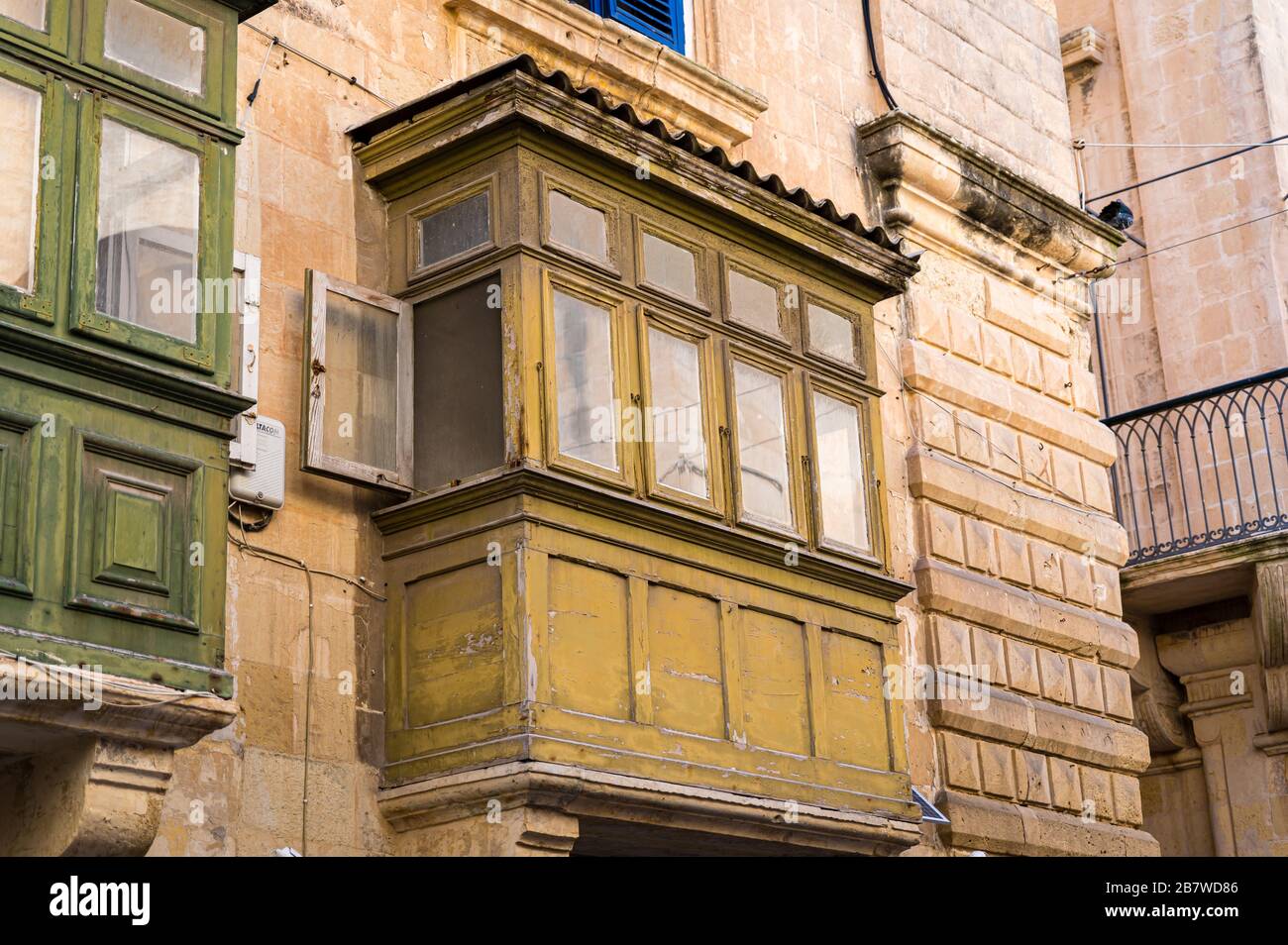 Traditional windows in Valletta, Travel Destination, Malta Stock Photo