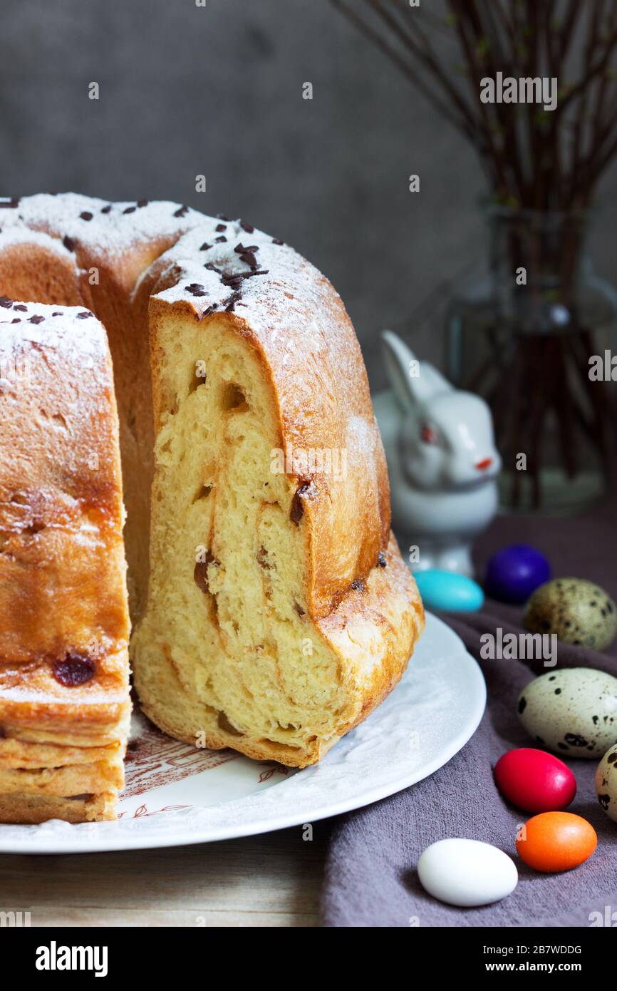 Reindling, german and austrian easter cake in easter decoration. Rustic style. Stock Photo