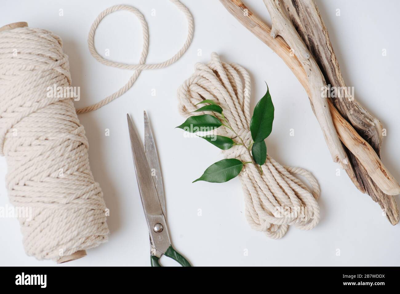 Everything for weaving macrame, rope, scissors and sticks Stock Photo