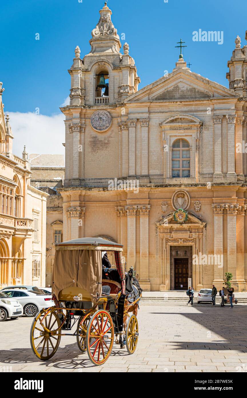Horse and Carriage outside St. Paul's Cathedral, Mdina, Malta Stock Photo