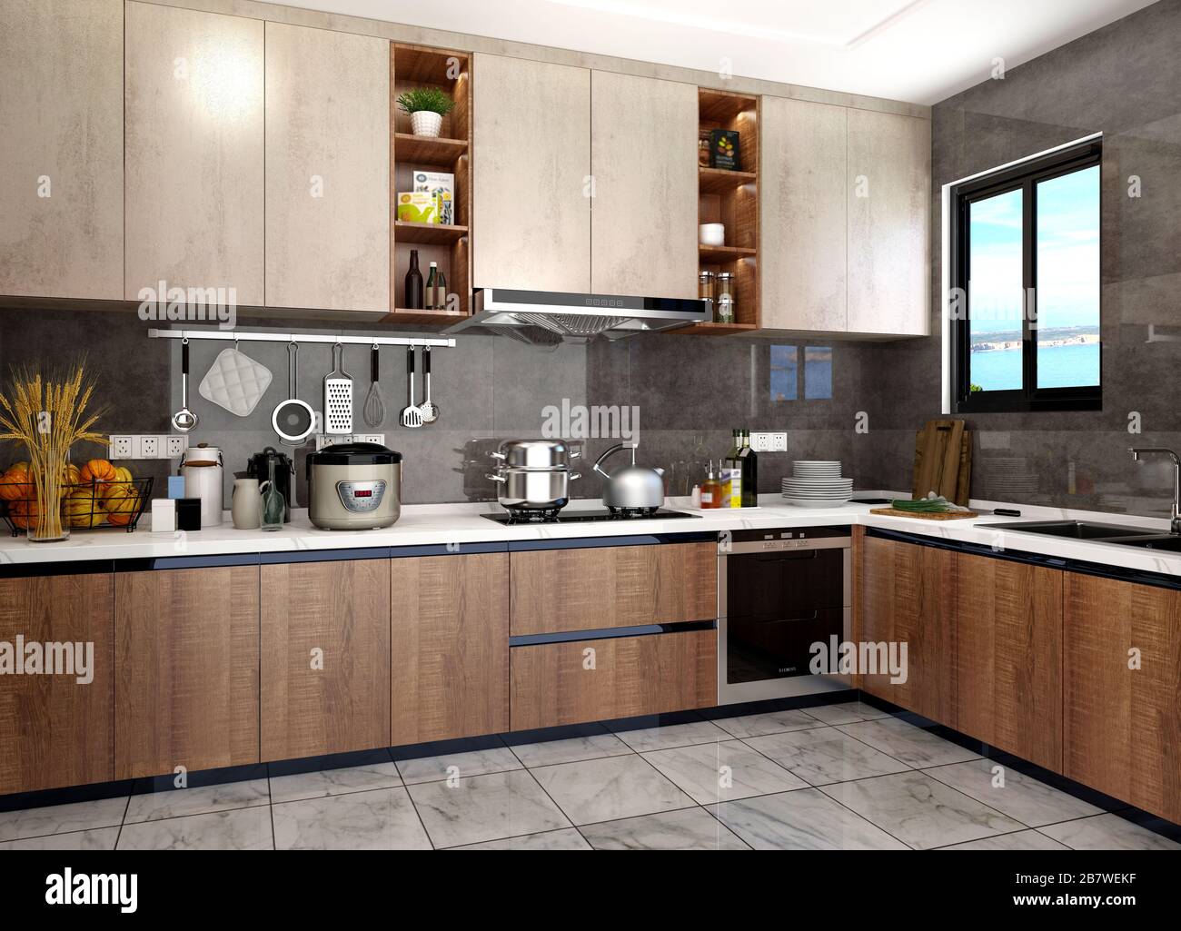 25d render of modern kitchen interior Stock Photo   Alamy