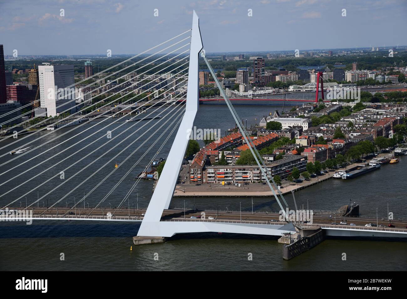 Overview of Rotterdam with in forefront the Erasmusbrug, Noordereiland, Willemsbrug, Maas river and even the Kralingse plassen on an extremely clear d Stock Photo