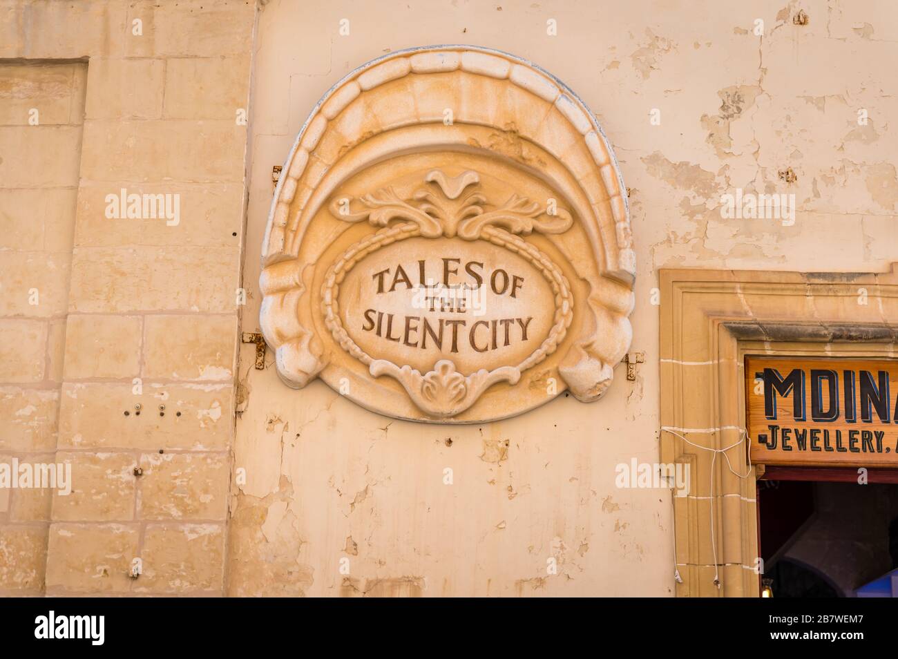 Tales of the Silent City sign, Mdina, Malta Stock Photo
