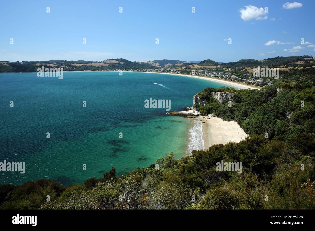 Lonely Bay, with Cook's Bay in the background, viewed from Shakespeare Cliff Lookout in New Zealand. Stock Photo