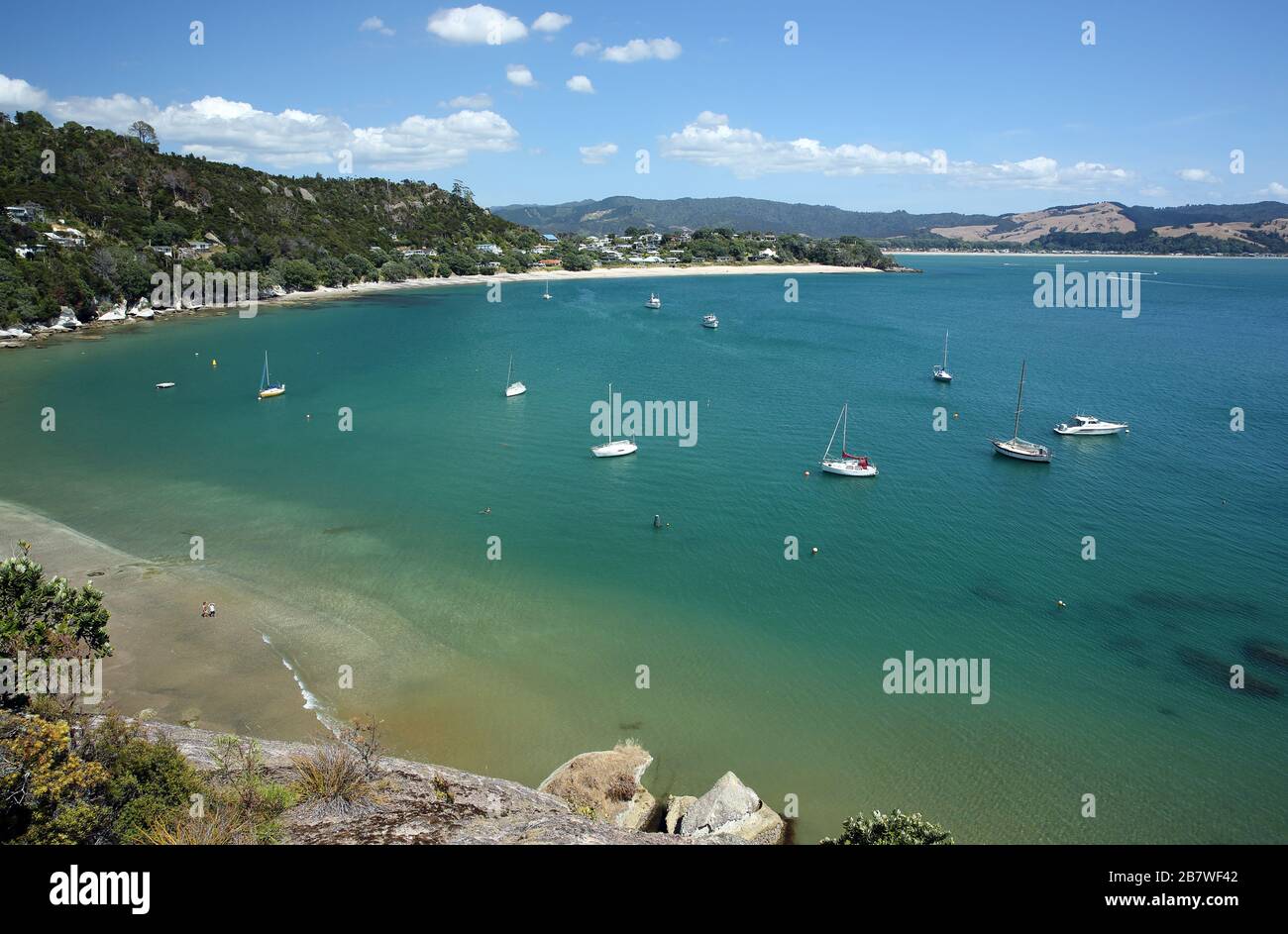 Boats in Maramaratotara Bay, Mercury Bay, New Zealand. Stock Photo