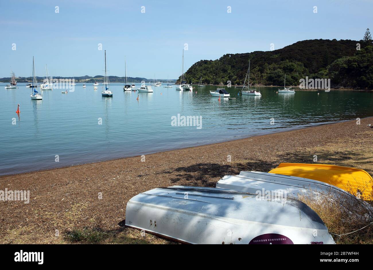 Boats in the harbour at Russell, in the Bay of Islands region of the North Island of New Zealand. Stock Photo