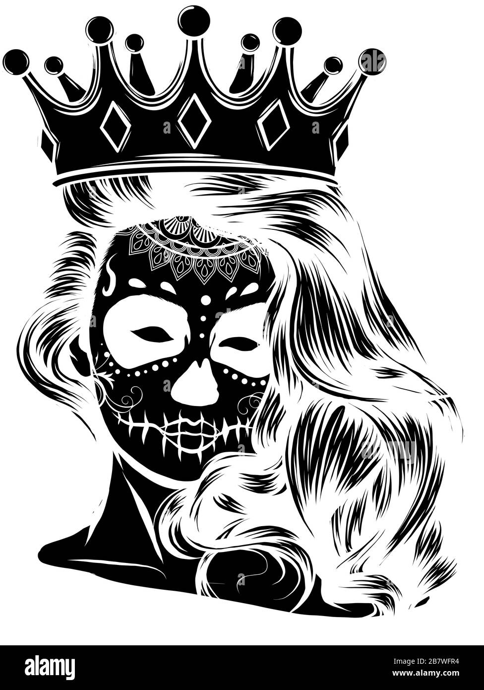 Queen of death. Portrait of a skull with a crown and long hair. Stock Vector