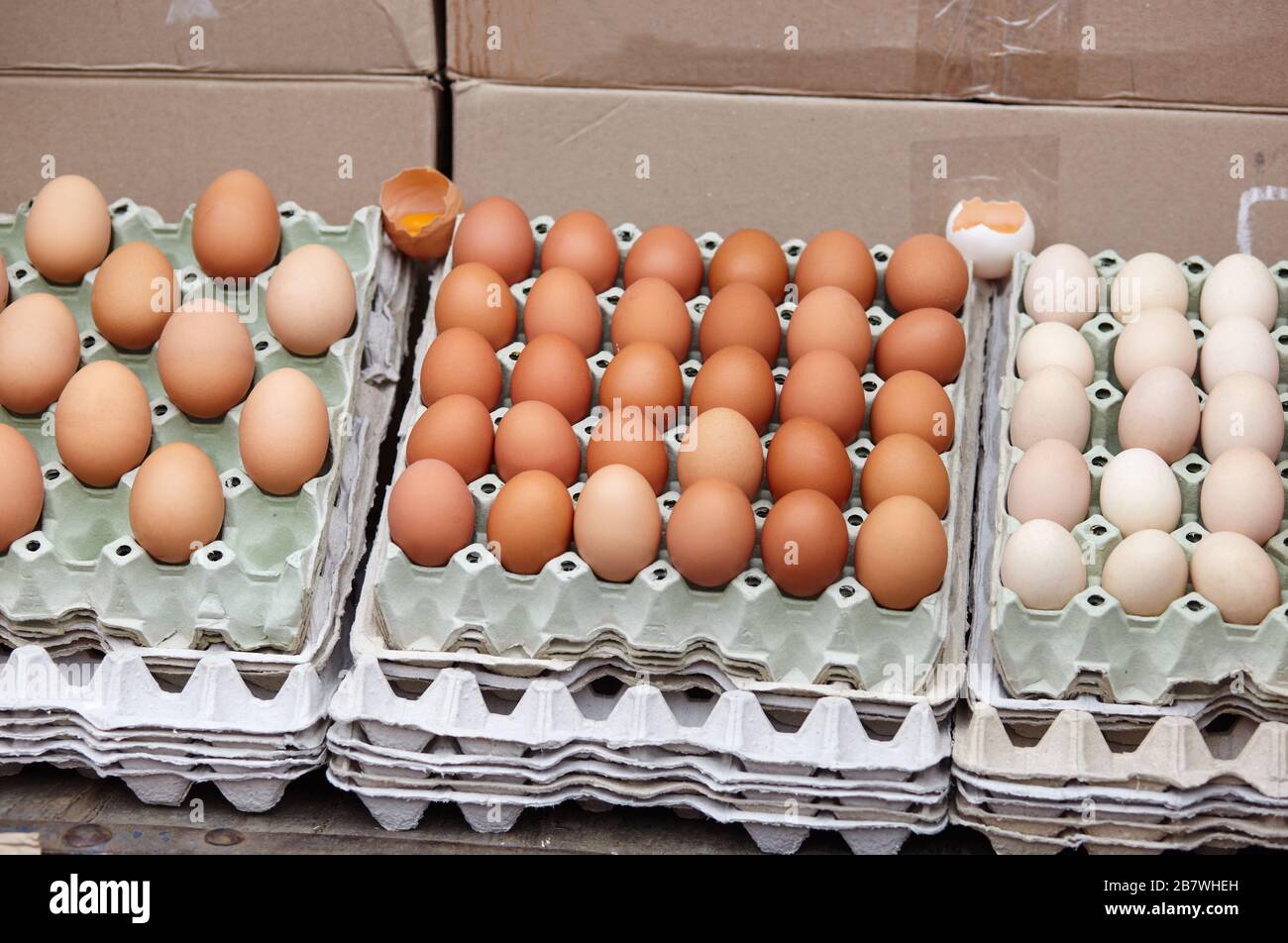 Various eggs in egg trays in farm market. Egg and dairy are the main sources of protein and calcium Stock Photo
