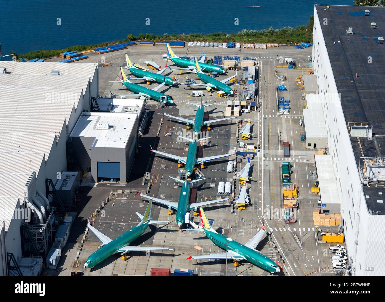 Multiple Boeing 737 MAX at the assembly line in company's factory in Renton Airport. Aircraft grounded due to safety concerns by regulatory agencies. Stock Photo