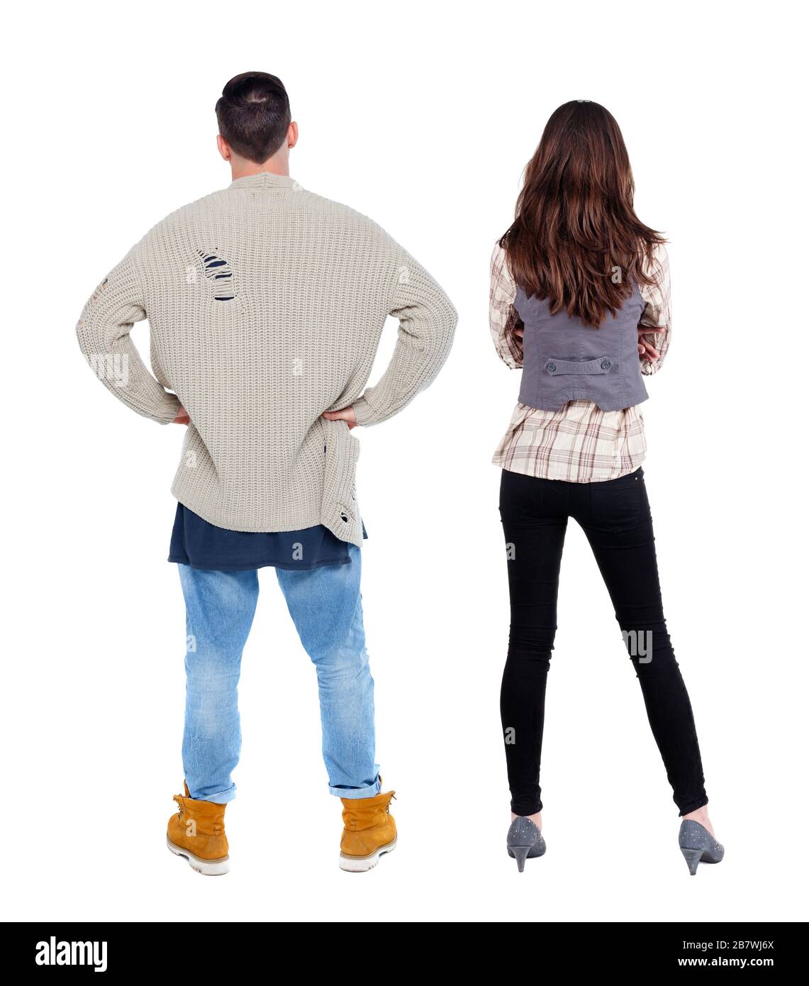 Back view couple in sweater. beautiful man and woman. Rear view people ...